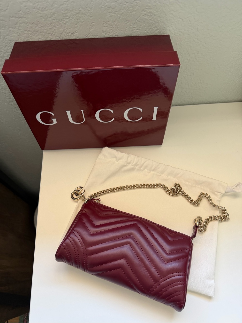 Gucci GG Marmont Matelassé Chain Wallet / Mini Shoulder Bag – Burgundy